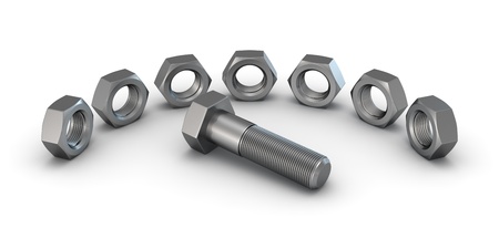 3D render of seven screws around the bolt isolated on white backgroundの写真素材