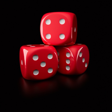 Three red dice showing different sides (on a right-handed, 6-sided die with pips)の写真素材