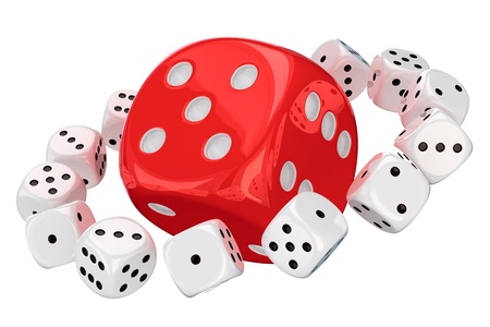 Small white dice orbiting around big red diceの写真素材