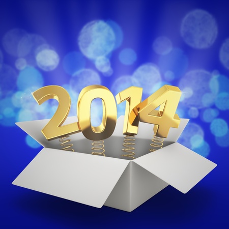 Gift box with golden digits 2014 on the blue backgroundの写真素材