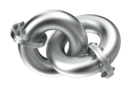 Connection of two chrome pipes on the whiteの写真素材