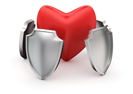 Circle of steel shield protecting big red heartの写真素材