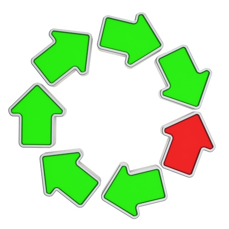 One red arrow in a loop of green arrowsの写真素材