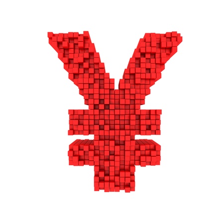 Yen currency symbol made from matrix of red cubes isolated on whiteの写真素材