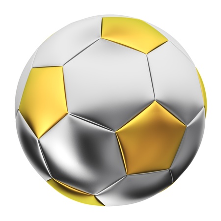 Silver and golden soccer ball in the white backgroundの写真素材