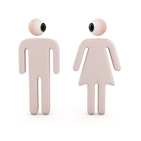 Cartoon illustration of two figures of a man and woman with an eyeball for a head standing facing forward with their heads turned eyeballing each otherの写真素材