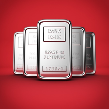 Arrangement set of five platinum ingots with shallow depth of field on red backgroundの写真素材