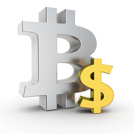 Metallic Bitcoin symbol with small golden dollar signの写真素材