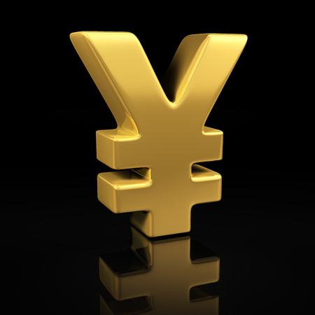 Yen gold symbol on a black background with reflectionの写真素材