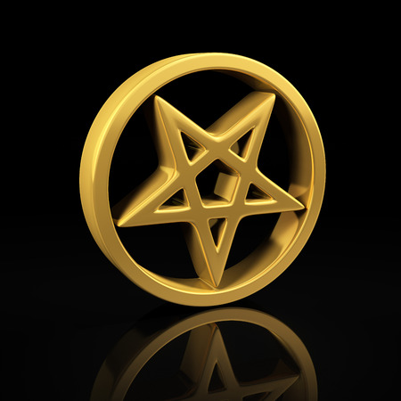 Pentagram gold symbol on a black background with reflectionの写真素材