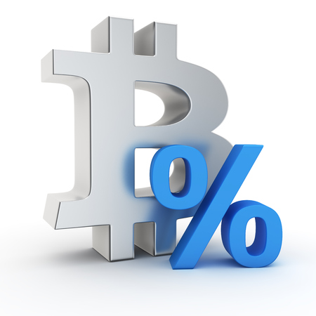 Big metal Bitcoin currency symbol and small percent markの写真素材