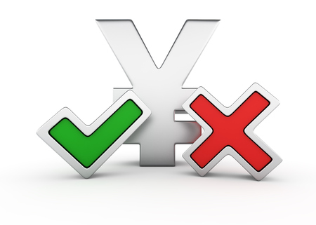 Metallic yen symbol with green tick mark and red X markの写真素材