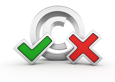 Metallic copyright sign with green tick mark and red X markの写真素材