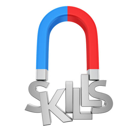 Blue-red magnet magnetizes the word 'Skills'の写真素材