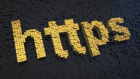 Word \'https\' of the yellow square pixels on a black matrix backgroundの写真素材