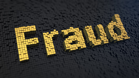 Word \'Fraud\' of the yellow square pixels on a black matrix backgroundの写真素材