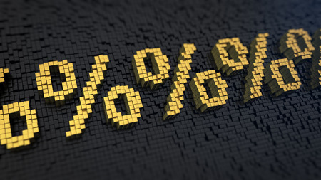 Percent signs of the yellow square pixels on a black matrix background. Black fiday discounts concept.の写真素材