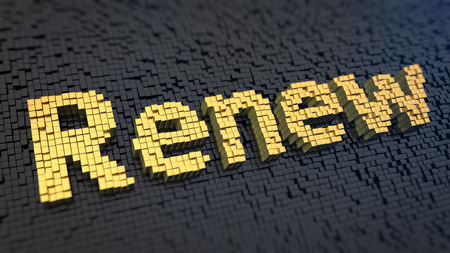 Word 'Renew' of the yellow square pixels on a black matrix background. Renovation and restoration concept.の写真素材
