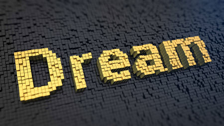 Word 'Dream' of the yellow square pixels on a black matrix background. Sweet dream concept.の写真素材