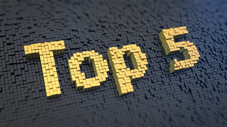 'Top 5' of the yellow square pixels on a black matrix background. Winners concept.の写真素材