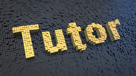 Word 'Tutor' of the yellow square pixels on a black matrix background. Study case concept.の写真素材