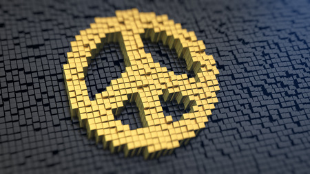 Peace symbol of the yellow square pixels on a black matrix background. Hippy concept.の写真素材