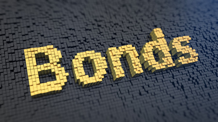 Word 'Bonds' of the yellow square pixels on a black matrix background. Trade market concept.の写真素材