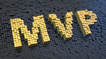 Acronym 'MVP' of the yellow square pixels on a black matrix background. Product theory for startupsの写真素材