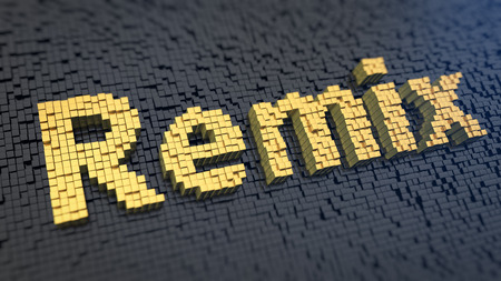 Word 'Remix' of the yellow square pixels on a black matrix background. Everything is remixの写真素材