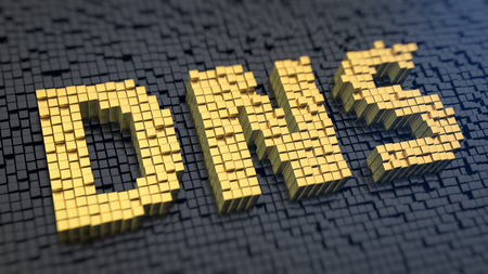 Acronym 'DNS' of the yellow square pixels on a black matrix background. Internet routing concept.の写真素材