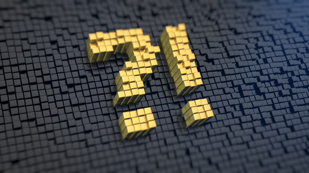 Symbol of perplexity of the yellow square pixels on a black matrix backgroundの写真素材