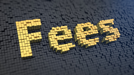 Word 'Fees' of the yellow square pixels on a black matrix background. Fines and fees concept.の写真素材