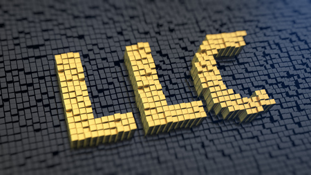 Acronym 'LLC' of the yellow square pixels on a black matrix backgroundの写真素材