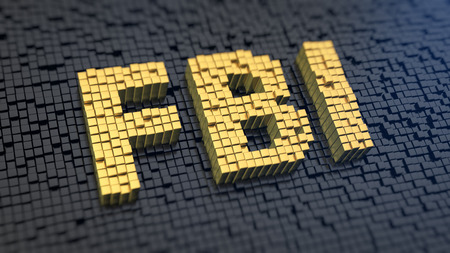 Acronym 'FBI' of the yellow square pixels on a black matrix backgroundの写真素材