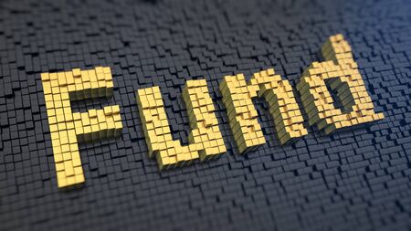 Word 'Fund' of the yellow square pixels on a black matrix background. Business foundation concept.の写真素材