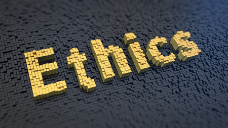 Word 'Ethics' of the yellow square pixels on a black matrix background. Morals and rights concept.の写真素材
