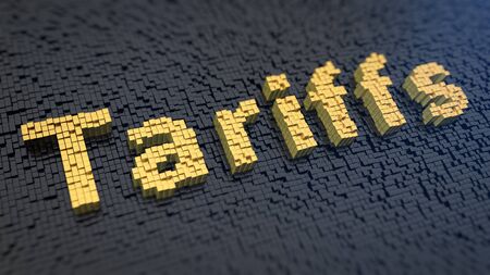 Word 'Tariffs' of the yellow square pixels on a black matrix backgroundの写真素材