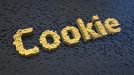 Word 'Cookie' of the yellow square pixels on a black matrix background. HTTP cookie - website tag technology concept.の写真素材