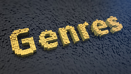 Word 'Genres' of the yellow square pixels on a black matrix background. Art evening header concept.の写真素材
