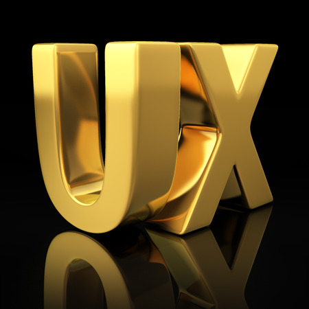 UX letters on black background with reflection. User experience golden acronymの写真素材