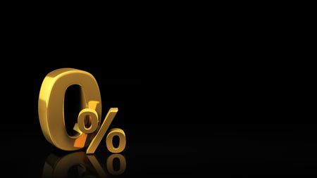 Gold symbol 0 perncent on black background with reflection and copyspace. Good for slide with textの写真素材