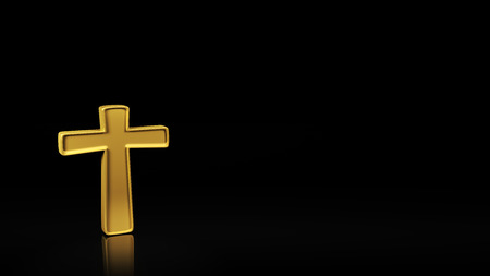 Gold cross symbol on black background with reflection and copyspace. Good for slide with textの写真素材