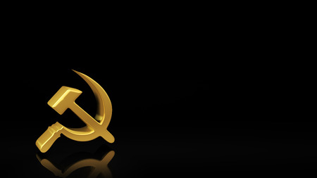 Gold sickle and hammer symbol on black background with reflection and copyspace. Good for socialism slide with textの写真素材