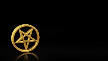 Gold pentagram symbol on black background with reflection and copyspace. Good for slide with textの写真素材