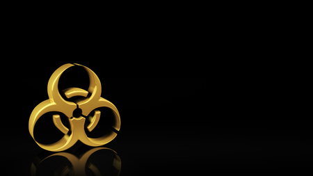 Gold biohazard symbol on black background with reflection and copyspace. Good for warning slide with textの写真素材