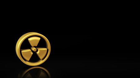 Gold radiation symbol on black background with reflection and copyspace. Good for warning slide with textの写真素材