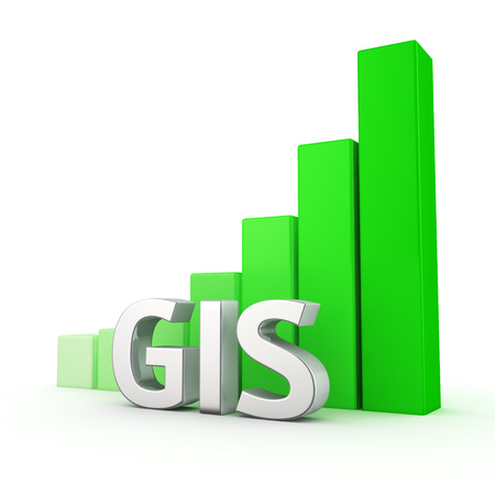 The growth of active usage of GIS systems. The increase in geo-location data. The acronym GIS against going up green chart. 3D illustration for a report and presentationの写真素材