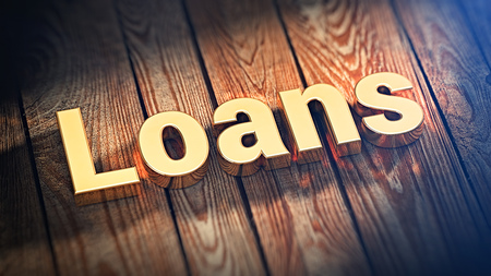 The word "Loans" is lined with gold letters on wooden planks. 3D illustration imageの写真素材