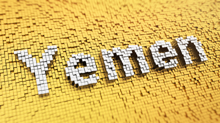 Yemen headline. Pixelated word Yemen made from matrix mosaic cubes. 3D illustration imageの写真素材