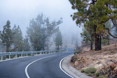 Mountainous winding road in cloud to El Teide volcano, Tenerife, Canary Islandsの写真素材